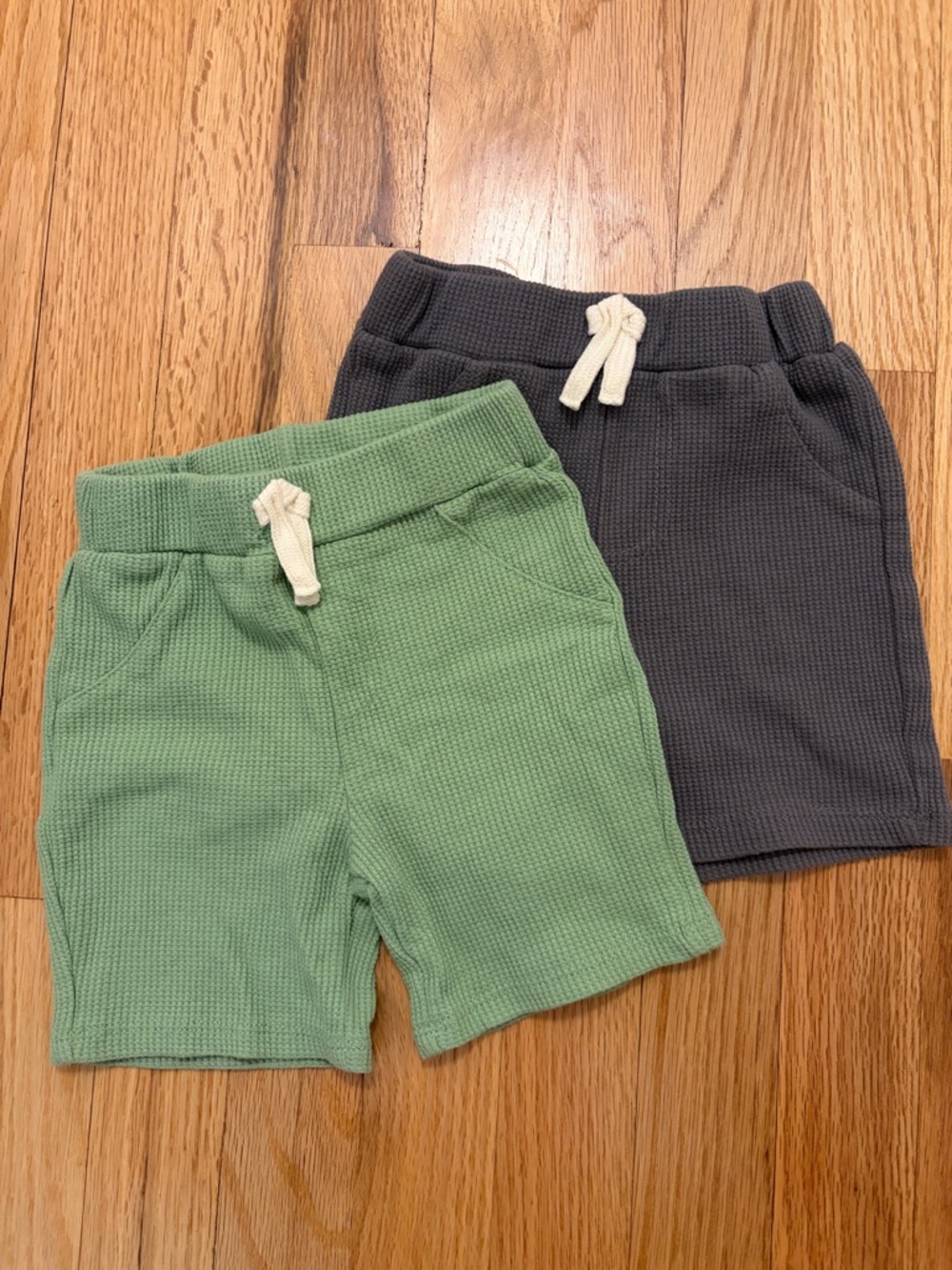 Kids Waffle Knit Pull-On Shorts - Green & Charcoal